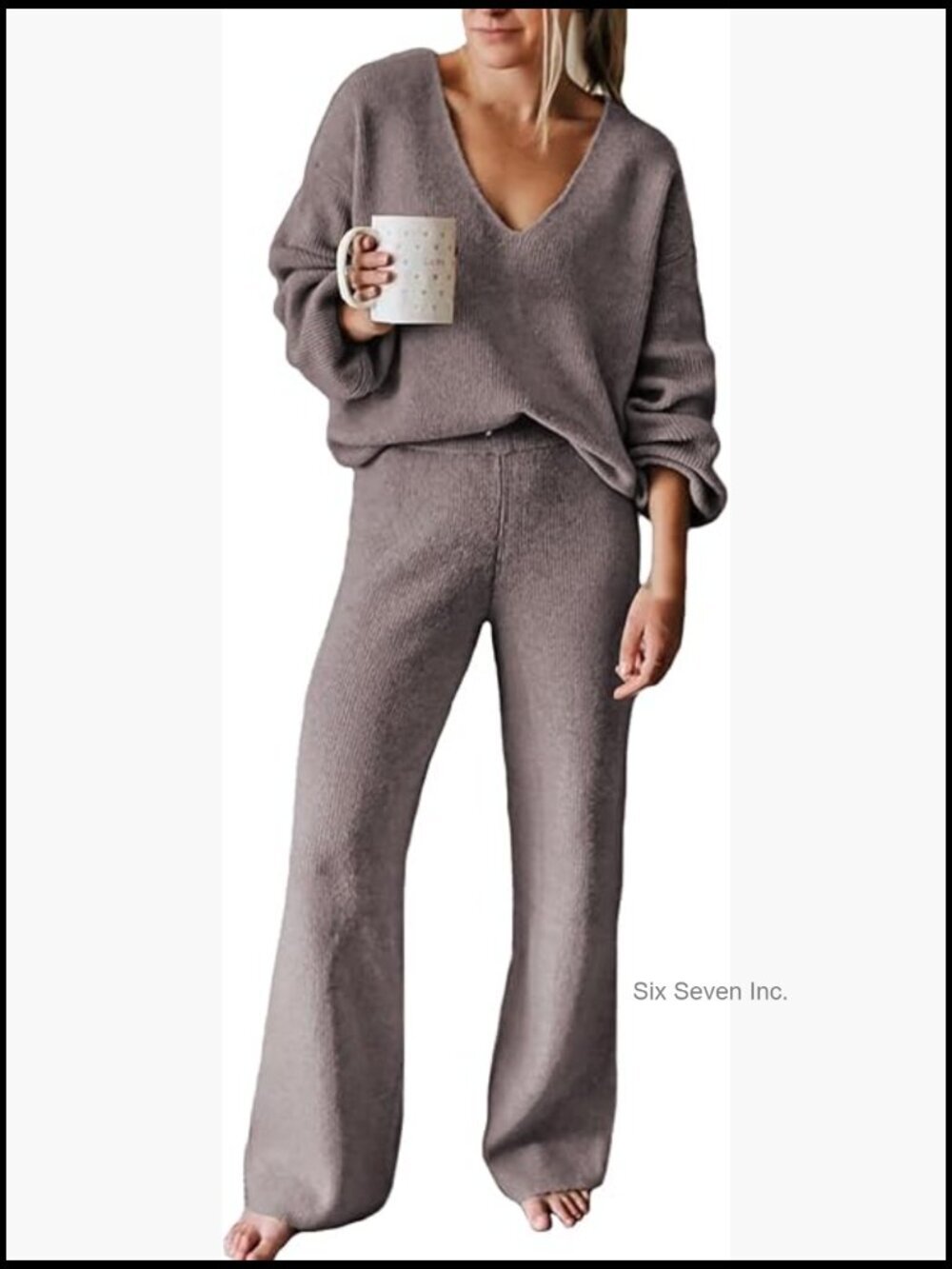 2 Piece Lounge Set V Neck Knit Wide Leg Sweatpants